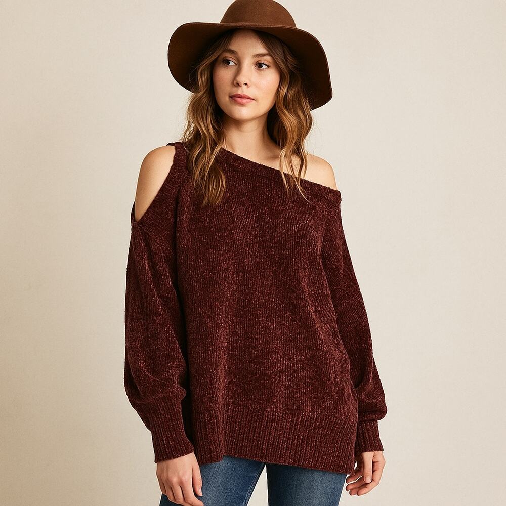 Free People Oversized Sweater Chenille Cold Shoulder Chunky Burgundy Red‎ XS S